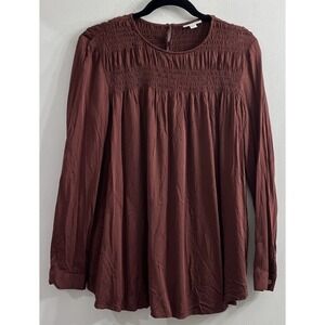 J Jill‎ Womens Top XS Red Brown Viscose Smocked Keyhole Peasant Boho Viscose